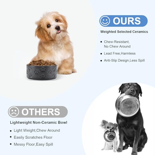 Ceramic Dog and Cat Bowls 2 Pack (5.1 in - 1.7 cups / Paw Black - Only Bowls*2)