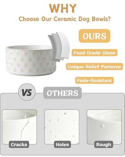 Ceramic Dog Bowl Set of 2 with Wood Stand (M-3.5 Cups / 02-Clover & Daisy)