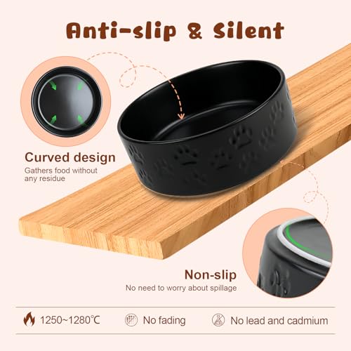 Ceramic Elevated Dog Bowl Set with Acacia Wood Stand for Food and Water for Medium Dogs (42.27 Oz / Dog Paw Black)