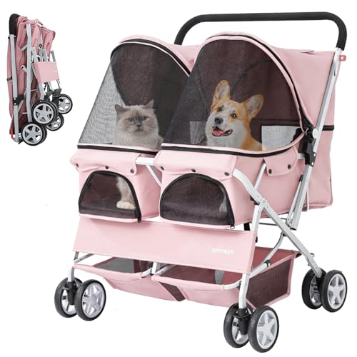 Double Pet Stroller for 2 Small Dogs & Cats (Pink)