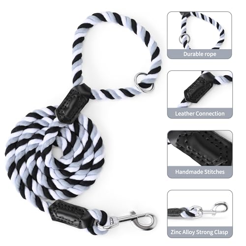Rainbow Dog Leash Braided Cotton Rope w Leather (Black/Gray / 60 Inch-1/2")
