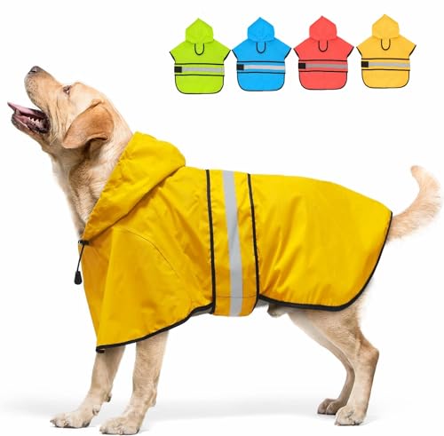 Dog Raincoat Hooded Reflective Dog Rain Jacket Adjustable Pet Poncho for Dog Walking at Rainy Days (Yellow / Large)