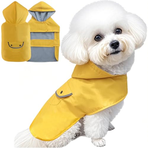 Dog Raincoat Dogs Rain Jacket Reflective Waterproof Pet Clothes Lined Poncho Rainwear Pocket Hooded Leash Hole Adjustable for Small Medium Dogs Puppy (Yellow / S:Back Length 8.6")