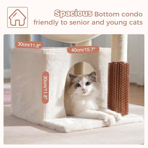 Cat Tree 32” Small Cat Tower with Large Hammock 16”& Self Groomer (Medium-32" / Beige)