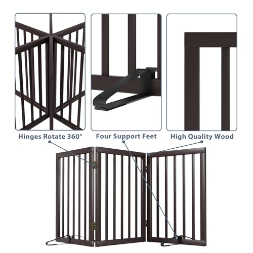 Dog Gates for Doorways Stair House Freestanding Pet Gates for Dogs Wooden Dog Gate with Support Feet Indoor Fence (Espresso / 3 Panel - 55 inches Wide)
