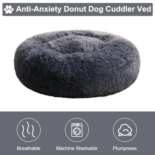 Medium Round Calming Dog Bed Cat Bed for Comfy Sleep (30"L x 30"W x 10"Th / Navy Grey)