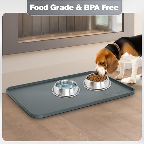Silicone Dog Cat Food Mat Extra Thick Raised Edge (Gray / 28"L x 18"W)