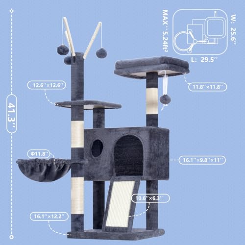 Cat Tree Tower with Removable Toys (41.3 Inches / Smoky Gray)