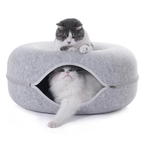 Large Cat Tunnel Bed for Indoor Cats with 3 Toys (L(24x24x11) / Light Grey)