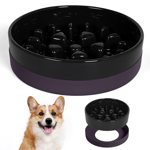 Ceramic Slow Feeder Dog Bowls with Silicone Base (Medium-8 inches / Black)