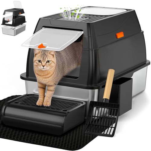 XL Stainless Steel Cat Litter Box with Lid (Black)