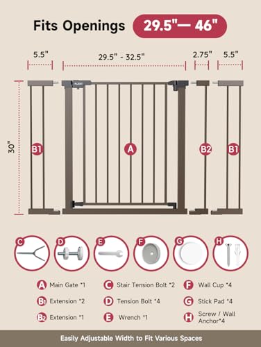 Baby Gate for Stairs (Brown / 29.5-46"W x 30"H)