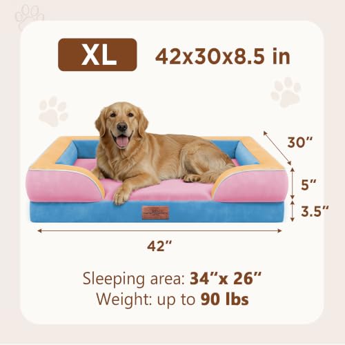 Orthopedic Dog Bed for Extra Large Dogs with Bolster (42.0"L x 30.0"W x 8.5"Th / Bubblegum Cove)