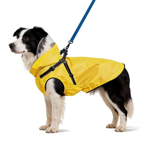 Dog Raincoat Dog Rain Jacket with Reflective Harness & Removable Hood (Large)