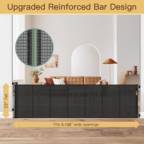 Reinforced Bottom 100 Inch Retractable Baby Gates Extra Wide Baby Gate for Large Openings (Black / 33" Tall x 100" Wide（ With Reinforced Bar ）)