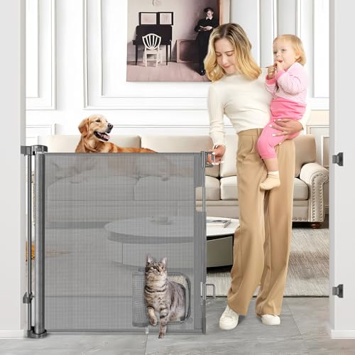 Retractable Dog Gate with Cat Door 55" Wide Retractable Pet Gate with Cat Door Mesh Dog Gate Retractable Baby Gates for Doorway Retractable Puppy Gate for The House Retractable Outdoor Gate for Deck (Gray / 33" X 55"（With Cat Door ）)