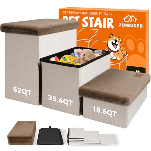 Dog Stairs with Storage Khaki Furry Lids 3 Steps Dog Ramp no Condo (Khaki Furry Lid No Condo / 3)
