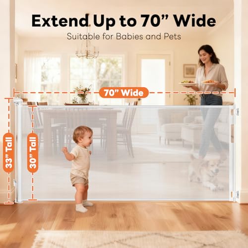70 Inch Wide Retractable Baby Gate for Doorways (White / 33'' Tall X 70'' Wide)