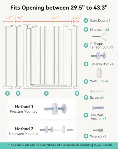 36" Extra Tall Baby Gate for Stairs (36"Tall 43.3"Wide / White)