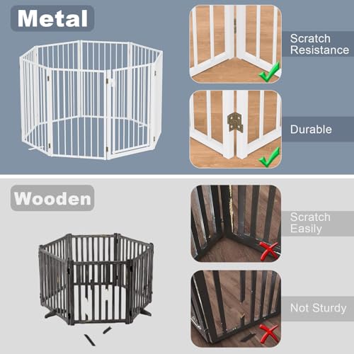 Metal Freestanding Dog Gates with Door for Outdoor Indoor (White / 【8 Panels with Door】 36''H*160''W)