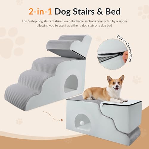 Dog Stairs for High Beds Up to 30" H with Tunnel (Gray / 5-Steps)