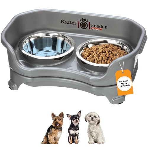 Express Mess Proof Dog Bowls Elevated for Small Breeds Under 15 Lb (Small w/ Standard Bowls / Gunmetal Grey)