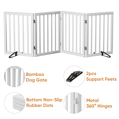 37 74" Wide Dog Gate 4 Panel Dog Gates for Stair Doorways House Indoor Freestanding Pet Gates for Dogs (Bamboo Dog Gate White / 4 Panel - 74 inches Wide)