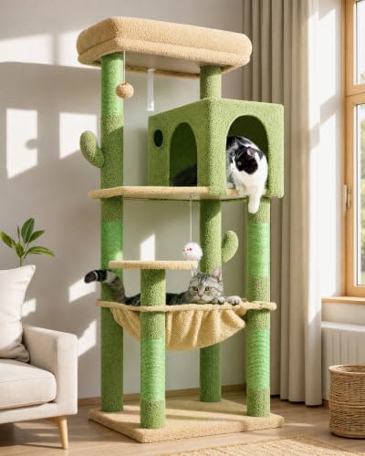 Cactus Cat Tree Tower with Scratching Post for Indoor Cats (Green / L)