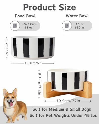 Ceramic Dog Bowl with Wood Stand (M-3.5 Cups / 05-Stripe)
