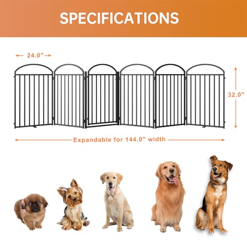 6 Panels Full Matel Freestanding Dog Gates with Door (【6 Panels with Door】144"W*32H" / Black)