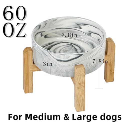Elevated Raised Ceramic Dog Bowl with Bamboo Stand (Marble Gray / Large)