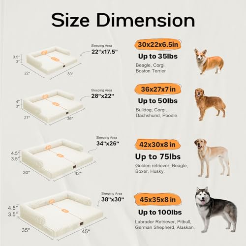 Orthopedic XL Dog Bed with Bolster for Extra Large Size Dogs (42.0"L x 30.0"W x 8.0"Th / Beige White Stripe)
