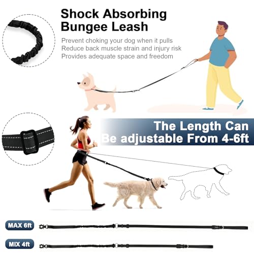 Heavy Duty Hands Free Dog Leash with Quick Release Carabiner and Adjustable No Pull Bungee Dog Running Waist Leash (Black)