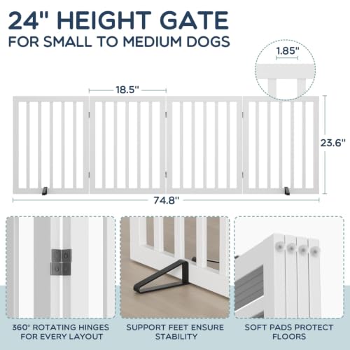 Freestanding Dog Gate Indoor (White / 75”Wx24”H, 4 Panles)