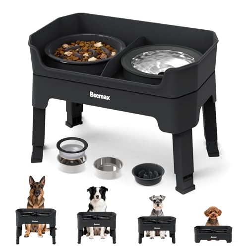 4 in 1 Adjustable Elevated Dog Bowls with 2*Stainless Steel Bowls (Black)