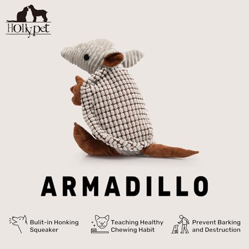 Plush Dog Squeaky Toy Stuffed Armadillo Animal Pet Puppy Chew Toys with Clean Teeth for Small Medium Large All Breed Sizes Dogs (10 IN / Gray)