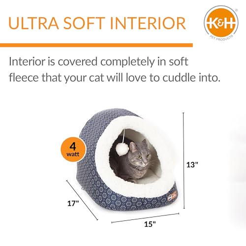 K&H Heated Cat Bed (Navy/Geo Flower / 17 X 15 X 13 Inches / Heated)
