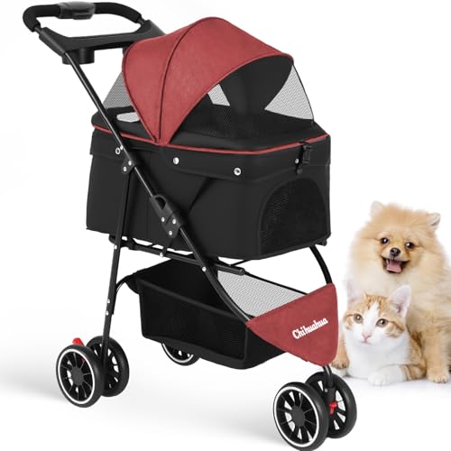 Pet Stroller Dog Stroller for Small Medium Dogs Cats (Red+Black)