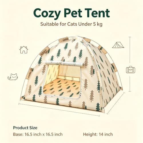 Portable Pet Tent Cave Bed with Removable Washable Mat (Khaki)