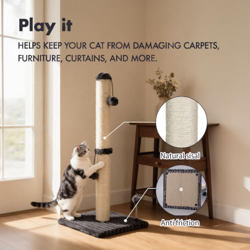 34“ Tall Cat Scratching Post Premium Basics Kitten Scratcher Sisal Scratch Posts Trees with Hanging Ball for Indoor Cats (34 inches for Adult Cats / Charcoal Gray)