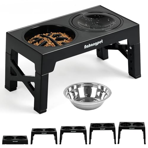 3-in-1 Elevated Slow Feeder Dog Bowls for Food and Water, 5 Heights Adjustable Raised Dog Bowls, Non-Slip, No Spill, for Small Medium Large Dogs and Cats(Black) (3Pcs-Black)