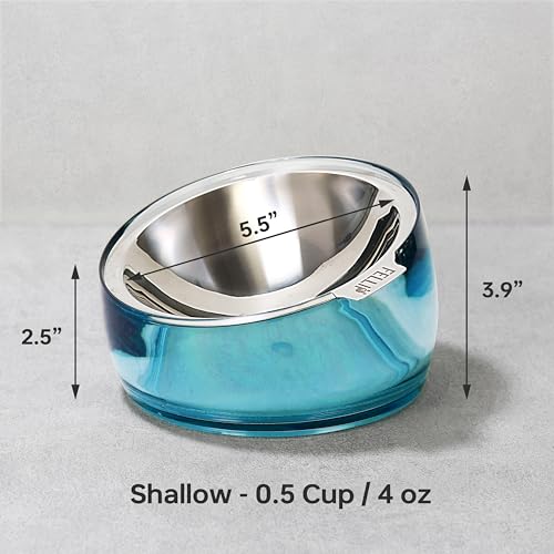 Pet Oblik Whisker Fatigue Cat Food Bowl Raised Stainless Steel Shallow Dish (Sapphire / 0.5 Cups Shallow Dish)