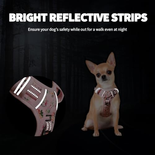 Dog Harness No Pull Adjustable Padded Reflective Harness for Small Medium Large Dogs with Handle for Walking Training (M / Flower-Pink)