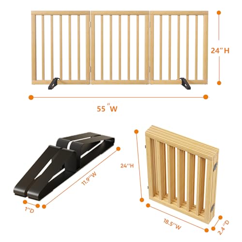 Dog Gates for Doorways Stairs (Bamboo Dog Gate Natural / 3 Panel - 55 inches Wide)