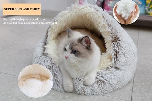 Calming Round Dog Beds &Cat Cave Bed with Hooded Cover (25.6x 25.6inch / Coffee)
