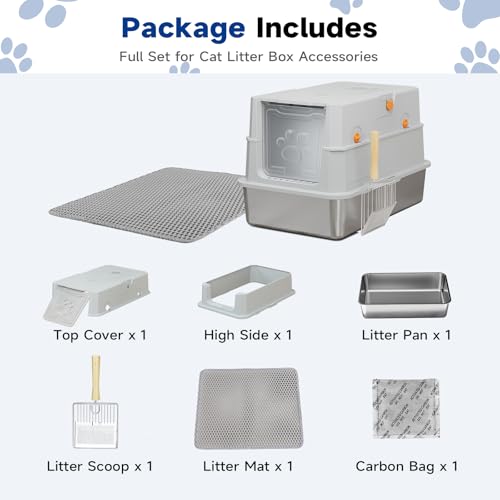 TENTIZON Stainless Steel Cat Litter Box with Lid (Light Grey)