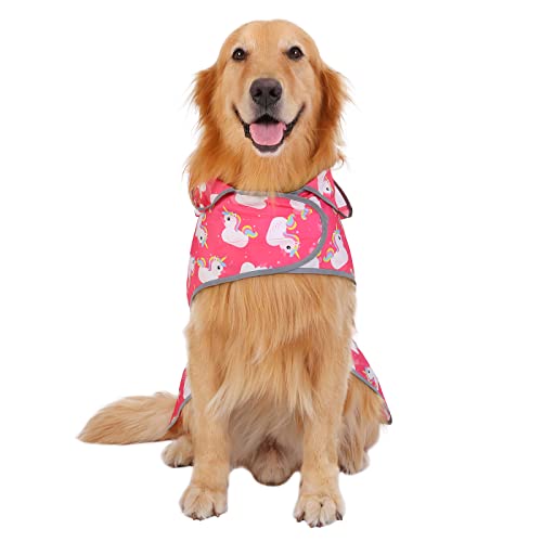 Clear Hooded Dog Raincoat Jacket Poncho with Dog Leash Hole Pink L (Large / Unicorn Ducks Pink)