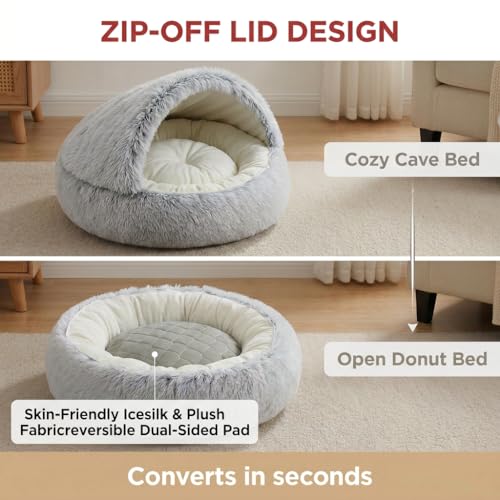 2-in-1 Convertible Cat & Dog Bed Cave with Removable Zipper Hood, Converts to Calming Donut Bed, Reversible Plush & Cooling Ice Silk Cushion (Grey, 28 in Large Size) (Grey / 28 in Large Size)
