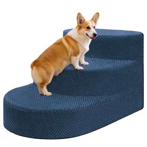 Dog Stairs 3 Steps Foam Pet Ramp for Small Dogs Cats (Navy blue-3-Step)