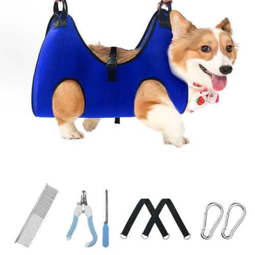Dog Grooming Hammock Grooming Harness for Small Dogs Pet Grooming Hammock with Nail Clippers (L for 30 LB)